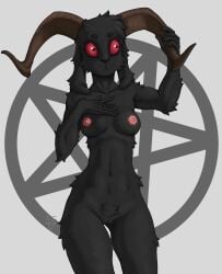 2025 anthro big_horn black_body black_fur bovid breasts caprine digital_drawing_(artwork) digital_media_(artwork) female fingers front_view fur fur_tuft genitals hand_on_chest hand_on_horn hi_res horn innie_pussy long_ears looking_sideways mammal medium_breasts monotone_body monotone_fur mouth_closed navel nipples nude occult_symbol pentagram pinup pose pubes pussy red_eyes roodyyelen sheep simple_background solo standing symbol tuft