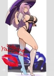 1girls :o alluring alternate_costume big_breasts black_leotard blowing_kiss boots camilla_(fire_emblem) car cleavage commission fire_emblem fire_emblem_fates hair_ornament hair_over_one_eye high_res holding holding_umbrella ihsnet intelligent_systems knee_boots legs leotard lipstick_mark_on_photo long_hair looking_at_viewer motor_vehicle nintendo purple_eyes purple_hair purple_leotard race_queen sideboob thighs umbrella under_boob very_long_hair wavy_hair white_boots