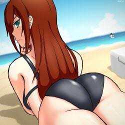 beach blue_eyes embarrassed makise_kurisu red_hair steins;gate swimsuit tsundere v0idreef