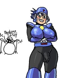 arms_crossed balls blue_eyes blue_hair breasts capcom crossing_arms drum_set futa_focus futa_only futanari hard_man mega_man mega_man(classic) mega_man_3 noill penis short_hair