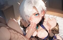 absurd_res ai_generated big_breasts blowjob breasts cum cum_inside cumshot female green_hair hi_res highres isabella_valentine large_breasts ozziru patreon prostitution revealing_clothes self_upload short_hair soul_calibur uncensored white_hair