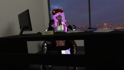 3d angry_expression boss collar desk disapproval fox_ears fox_tail futanari intersex job office office_chair office_desk silver_hair silver_haired_futa vrchat vrchat_avatar vrchat_model