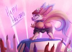 4_fingers anthro anus ass balls black_facial_markings blue_body blue_fur bottomwear bottomwear_down brown_eyes clothed clothing ear_piercing fennephilim_fox fingers fur genitals gnar_(lol) hi_res hood league_of_legends looking_at_viewer looking_back male orange_body orange_fur pants pants_down partially_clothed piercing presenting presenting_hindquarters riot_games solo tencent text white_face_paint yordle