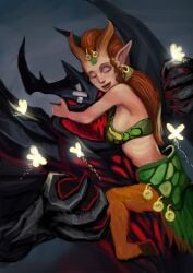 1boy 1girl1boy 1girls 2010s 2016 2d aiushtha_the_enchantress angry butterfly centaur claws closed_eyes demon dota_2 face_to_breasts forced forced_hug glomp head_between_breasts healer healing horns hug monster monster_girl patch pointy_ears safe shadow_fiend simple_background straight tagme valve wholesome