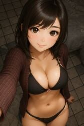 ai_generated background big_breasts big_breasts bikini bikini_top black_bikini bra breasts breasts breasts brown_hair female jenny_belle_(slipperyt) legs looking_at_viewer navel necklace panties selfie sexy sexy_body sexy_pose smile soft_breasts sweater thick_thighs waist wallpaper