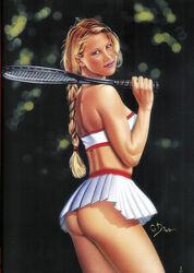 1girls anna_kournikova ass athlete braid braided_hair carlos_diez celebrity clothed color female female_only looking_at_viewer short_skirt single_braid skirt solo standing tagme tennis tennis_racket