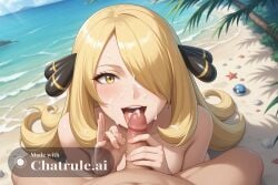 1girl ai_assisted ai_generated awaiting_cum beach bent_over blonde_hair cityscape cum_in_hair cum_on_face cum_on_hands cynthia_(pokemon) fellatio_gesture full_body hair_ornament hair_over_one_eye kneeling long_hair naked open_mouth oral_invitation outdoors smile source_anime tongue_out view_from_above yellow_eyes