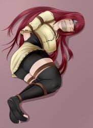 1girls black_stockings bondage closed_eyes female headband kenichillustrated kunoichi long_hair naruto red_hair rope rope_bondage sleeping tape tape_gag tied tied_up unconscious unconscious_female uzumaki_kushina uzumaki_kushina(genin)
