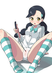 bad_id blush bowtie braid candice_(pokemon) feet footwear gym_leader hair_ornament hairclip human human_only momogesomaru multiple_hair_ties nintendo panties pointer poke pokemon pokemon_dppt poking ribbon shy socks spread_legs striped striped_socks tear twin_braids uncensored underwear white_panties yellow_eyes