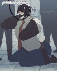 anthro armbinder arms_bent ball_gag bear bent_legs binder_(restraint) black_hair black_lipstick blindfold bondage bondage_gear bottomwear bunny_(milkbearbunny) chain_leash chains clothing collar collared_shirt cross-popping_vein dialogue ear_piercing ear_ring english_text footwear fur gag gagged good_boy group hair hi_res humiliation kneeling leash leashed_collar legs_together lipstick makeup male mammal milkbearbunny necktie pants petplay piercing praise puppyplay restraints ring_piercing roleplay shirt shoes solo_focus speech_bubble submissive submissive_anthro submissive_male text topwear trio white_body white_fur