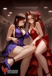 2d 2girls aerith_gainsborough ai_generated ass barefoot big_ass big_breasts blush bra couch dress erophoenix feet female female_focus final_fantasy final_fantasy_vii final_fantasy_vii_rebirth final_fantasy_vii_remake indoors jewelry large_breasts long_hair multiple_girls naked navel panties patreon_username purple_bra purple_panties red_bra red_eyes red_panties sitting small_breasts smile soles sweat sweating thick_thighs thighs tifa_lockhart underwear yuri yuri