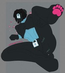 anthro anus bear black_body black_hair bulge clothing collar corset dolly_(milkbearbunny) drone dronesuit featureless_face grey_background hair hi_res lingerie living_sex_doll lock_bulge lock_symbol lying male mammal milkbearbunny null null_bulge on_side pawpads pink_pawpads presenting simple_background solo topwear