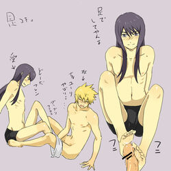 2boys barefoot cum cum_on_body cum_on_lower_body feet flynn_scifo footjob gay long_hair male multiple_views penis purple_hair tales_of_(series) tales_of_vesperia toes yaoi yuri_lowell