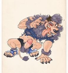 absurd_res anthro blue_clothing blue_footwear blue_shirt blue_shoes blue_topwear bodily_fluids canid canine clothing codename:_kids_next_door demi_transformation footwear genital_fluids genitals hawktrap hi_res male mammal nyx_moon open_mouth paws penis precum red_eyes shirt shoes solo tongue tongue_out topwear torn_clothing transformation werepoodle