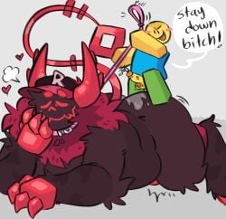 absurd_res ass balls belly big_belly blocky_body blush bodily_fluids claws clothing collar cum degradation demon digitigrade duo english_text erection forsaken_(roblox) fur genital_fluids genitals guest_666 guest_666_(forsaken) hat headgear headwear hi_res hooves humanoid koi_567 leash leashed_collar male male/male male_penetrating mammal neck_tuft noob_(roblox) open_mouth penetration penis roblox robloxian simple_background size_difference small_dom_big_sub smaller_male submissive tail text tuft