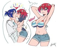 1boy absurdres amate_yuzuriha bikini bikini_top_only blue_hair breasts bulge denim denim_shorts french_kiss gerph gquuuuuux gundam gundam_gquuuuuux highres imagining kissing large_breasts looking_at_another multicolored_hair precum shirt short_hair shorts shuji_ito swimsuit