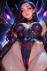 1female 1girls accessory ai_generated bodysuit breasts cameltoe cosmic_background covered_nipples earrings female from_below glitter head_ornament hip_bones hips kai'sa league_of_legends light-skinned_female light_skin long long_hair makeup medium_breasts patreon purple_eyes purple_hair riot_games shiny_skin solo stable_diffusion standing stblfantasy thick_lips thick_thighs