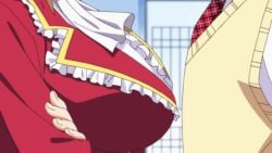 2girls animated animated_gif big_breasts blonde_hair breast_implants breast_press flat_chest large_breasts multiple_girls ore_no_nounai_sentakushi_ga_gakuen_love-comedy_wo_senryoku_de_jama_shiteru reikadou_ayame school_uniform silicone silicone_implants yukihira_furano