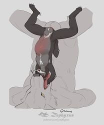 animal_genitalia anthro balls belly big_belly bodily_fluids canid canine canis cum duo genital_fluids genitals imminent_vore knot_hanging knotting male male/male mammal open_mouth sheath size_difference tongue tongue_out upside-down vore wolf zephyxus