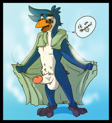 1boy 2014 anthro avian beak bird cum cum_drip dripping erection eyewear giovanni_(fursona) glasses kaisertaylorproducts looking_at_viewer male male_only nude open_mouth original_character penguin penis plain_background smile solo spa sweat testicles text towel