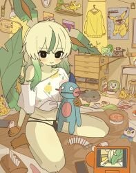 bedroom black_clothing black_panties black_underwear blush blush_lines censor_bar clothed clothing crop_top detailed_background dildo doremifaso64 eeveelution from_behind_position generation_1_pokemon generation_4_pokemon hair hi_res inside leaf leaf_tail leafeon looking_at_viewer mario_(series) messy_room multicolored_ears multicolored_hair nintendo off_shoulder panties pikachu piplup pokeball pokedex pokemon pokemon_(species) pokemorph ruined_reputation sex sex_toy shirt solo super_smash_bros. tail tissue_box topwear two_tone_ears two_tone_hair underwear yoshi