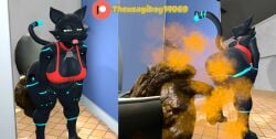 (theusagiboy1406) 3d 3d_(artwork) 3d_model 3d_render 808_(hi-fi_rush) anthro ass bare_ass bathroom black_fur black_hair bottomless fart fart_cloud fart_fetish farting farts feline furry furry_female furry_only furry_tail hi-fi_rush microsoft patreon_logo scat sfm shirt shit shitting sleveeless_shirt source_filmmaker tango_gameworks toilet toilet_use