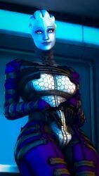 1futa 3d alien asari asari_futa bioware blue_eyes blue_skin bulge bulge_through_clothing darth666revan freckles futa_only futanari liara_t'soni looking_at_viewer mass_effect penis_outline skin_tight solo solo_futa