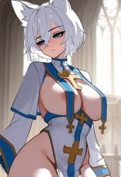 1girls ai_generated big_breasts blonde_hair blonde_hair blue_eyes breasts church church_interior cleric closed_mouth colored covered_nipples cross fox_ears fox_girl looking_away mr_none no_bra no_panties nun nun_outfit open_clothes priest sexy_body short_hair solo white_hair without_panties