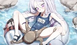 absurdres black_sandals blue_archive breasts character_name commentary demon_girl demon_wings female hair_ornament hairclip hanakonenne highres hina_(blue_archive) hina_(swimsuit)_(blue_archive) long_hair low_wings octopus official_alternate_costume parted_bangs parted_lips purple_eyes sandals small_breasts solo spread_legs swim_ring tentacle very_long_hair whistle whistle_around_neck white_hair wings zoophilia