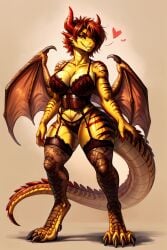 1girls aezra_(scorpianpp) ai_generated bat_wings brown_scales dragon dragon_girl dragoness female horns original_character red_eyes red_hair scorpianpp self_upload solo_female stable_diffusion winged