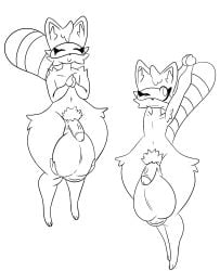 anthro balls big_balls big_tail canid canine chronicmeowmeow fluffy fur genitals hi_res holding_balls huge_balls hyper hyper_balls hyper_genitalia male mammal monochrome nude penis pubes raccoon_dog small_penis solo tail tanuki thick_thighs