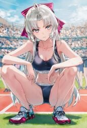 ai_generated carlotta_(wuthering_waves) daytime female_focus raaicave shoes sportswear squatting stadium_background white_hair wuthering_waves