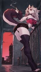 1girls ai_generated anthro ass big_ass big_breasts breasts cigarette cigarette_in_hand city_background female fingerless_gloves fit_female furry hair_over_one_eye hand_on_hip hellhound helluva_boss leaning_on_railing long_hair looking_at_viewer looking_back loona_(helluva_boss) muscular muscular_arms no_bra outside shirt shorts spiked_collar surikat thick_thighs thighhighs two_tone_body two_tone_fur wide_hips wolf wolf_ears wolf_girl wolf_tail