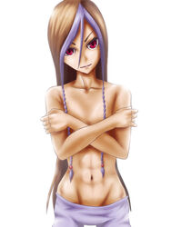 1boy abs almost_naked big_ass braid brown_hair femboy feminine_male human king_of_fighters long_hair looking_at_viewer male male_only multicolored_hair muscles navel pants_down penis_under_clothes purple_hair red_eyes shion_(kof) small_balls small_penis smile snk solo tagme thick_thighs trap white_background