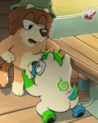 4:5 age_diffrence anthro balls bear bluey_(series) canid canine canis cattledog docks domestic_dog duo exhibitionism fellatio genitals grandfather_(lore) grandparent_(lore) herding_dog hi_res holding_balls koda_bakari male male/male mammal mature_anthro mort_heeler oral outside pastoral_dog penile pikchan_13 public sex