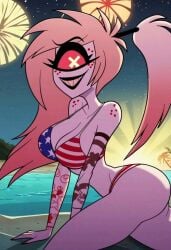 1girls 2025 ai_generated american_flag_bikini bare_legs bare_shoulders beach big_breasts bikini bikini_top cherri_bomb cherri_bomb_(hazbin_hotel) cleavage cyclops cyclops_girl demon_girl deviantart_link eyelashes fireworks hazbin_hotel hellaverse makerdeviant night one_eye pale-skinned_female ponytail red_eye sinner smile solo solo_female tattoo tattooed_arm tattoos vivienne_medrano vivienne_style white_body