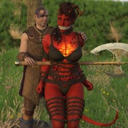1boy1girl 3d axe baldur's_gate_3 black_bra black_panties bondage bound bound_arms bound_legs bra chained chained_arms chained_legs gag gagged horns karlach minsc panties red-skinned_female red_skin rendereddefenseless underwear weapon