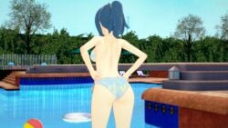 1girls 3d ass big_ass big_breasts blue_bikini blue_hair busty female female_only from_behind hands_on_hips hi_res large_breasts legs make_heroine_ga_oo_sugiru! medium_breasts ponytail pool pose posing sideboob solo thighs voluptuous water yanami_anna