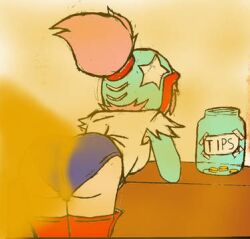 ass ass_focus bent_down bent_over bent_over_table brawl_stars face_not_visible fart fart_cloud fart_fetish farting farts helmet janet_(brawl_stars) light_pink_hair looking_away looking_away_from_viewer pink_hair supercell supercell_(company) tip_jar