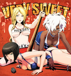 ass bad_girl_(nmh) bangs belt bikini black_hair blonde_hair blunt_bangs bob_cut breasts brown_eyes charlotte_birkin chocolate_and_vanilla cleavage dark-skinned_female dark_skin explosive green_eyes grenade grey_eyes hair_ornament hair_over_one_eye holly_summers long_hair mouth_hold multiple_girls no_more_heroes on_stomach panties pointy_chin shinobu_jacobs short_black_hair short_hair short_white_hair suda_51 swimsuit thong thong_bikini underboob underwear usatarou white_hair white_hair_over_one_eye