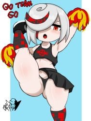 1female 1girls artist_signature belly_button blush cheerleader cheerleader_outfit cheerleader_uniform crop_top eggman_logo female female_focus female_only flat_chest flat_chested grey_hair hair_over_one_eye miniskirt navel one_eye_covered one_leg_up open_mouth pale-skinned_female pale_skin pom_poms red_eyes sage_(sonic_frontiers) sega short_stack shorties_tavern shortstack skirt sonic_(series) sonic_frontiers sonic_the_hedgehog_(series) thick_thighs thighs