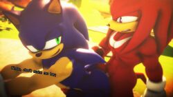 3d_(artwork) against_surface anthro artemissaturn ass digital_media_(artwork) duo echidna eulipotyphlan genitals hedgehog hi_res hot_dogging imminent_sex knuckles_the_echidna looking_back male male/male mammal monotreme muscular muscular_male penis sega sex smile smirk sonic_(series) sonic_the_hedgehog sonic_the_hedgehog_(series) text