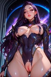1female 1girls accessory ai_generated areola_slip bodysuit breasts cosmic_background covered_nipples earrings glitter head_ornament hip_bones hips kai'sa league_of_legends light-skinned_female light_skin long long_hair makeup medium_breasts patreon purple_eyes purple_hair pussy pussy_peek riot_games shiny_skin solo stable_diffusion standing stblfantasy thick_lips thick_thighs torn_clothes