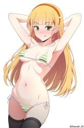 armpits arms_behind_head arms_up bare_arms bare_belly bare_shoulders belly_button bikini black_thighhighs blonde_hair blush body_blush breasts cleavage collarbone green_bikini green_eyes groin hairband heanna_sumire licking_own_lips long_hair love_live! love_live!_superstar!! medium_breasts micro_bikini roswell-ss shiny_skin side-tie_bikini_bottom sideboob smile striped_bikini thighhighs thighs tongue tongue_out underboob