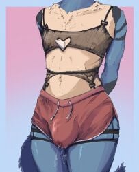 absurd_res anthro blue_body blue_fur bodily_fluids bottomwear bra bulge canid canine clothed clothing crossdressing digital_media_(artwork) dripping drippingfangs femboy fur generation_4_pokemon genital_fluids hi_res hotpants leaking_precum lingerie lucario male mammal nintendo nipples pokemon pokemon_(species) precum precum_drip precum_squirt precum_through_clothing presenting_bulge shorts solo tail topwear underwear wet wet_clothing