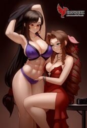 2d 2girls aerith_gainsborough ai_generated ass barefoot big_ass big_breasts blush bra couch dress erophoenix feet female female_focus final_fantasy final_fantasy_vii final_fantasy_vii_rebirth final_fantasy_vii_remake indoors jewelry large_breasts long_hair multiple_girls naked navel panties patreon_username purple_bra purple_panties red_bra red_eyes red_panties sitting small_breasts smile soles sweat sweating thick_thighs thighs tifa_lockhart underwear yuri yuri