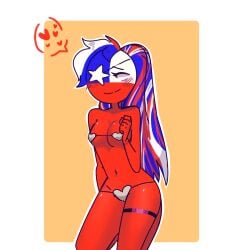 1female 1girls blue_hair blush blush blush_lines blushing_female chile_(countryhumans) countryballs countryhumans countryhumans_girl edit edited female female female_only heart heart heart_symbol nipple_bulge nipples no_bra no_humans one_eye_obstructed panties panties_only red_body red_hair red_nipples red_skin sitting sitting_down sitting_on_floor small_breasts smaller_female star_(symbol) white_background white_hair women yellow_background