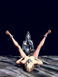 1boy1girl 3d blonde_hair blue-skinned_male blue_skin gag gagged legs_up nude nude_female original size_difference slavegirl spicebound spread_legs