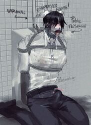 anthro arms_tied bathroom bear belt bodily_fluids bondage bondage bottomwear bound bunny_(milkbearbunny) clothing collared_shirt cum cum_drip cum_from_mouth cum_in_mouth cum_inside dripping drooling erection erection_under_clothing gag gagged genital_fluids hands_behind_back hi_res implied_watersports kneeling male mammal milkbearbunny nipple_piercing nipples open_mouth pants piercing restraints ring_gag rope rope_bondage rope_harness saliva shirt solo submissive submissive_anthro submissive_male tenting tongue tongue_out tongue_piercing topwear urinal urine watersports