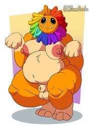 absurd_res animal_genitalia animate_inanimate anthro areola balls belly belly_tuft big_belly black_eyes ch4mm0zotz crouching feet felid genitals gloves_(marking) gradient_background hair hi_res leg_markings lion living_plushie male mammal markings mob_entertainment moobs multicolored_body multicolored_hair navel nipples nude orange_body overweight overweight_male pantherine paws pink_nipples plushie poppy_playtime rainbow_hair raised_arms sharp_teeth sheath simple_background smile socks_(marking) solo teeth thick_thighs tuft two_tone_body yarnaby_(poppy_playtime)